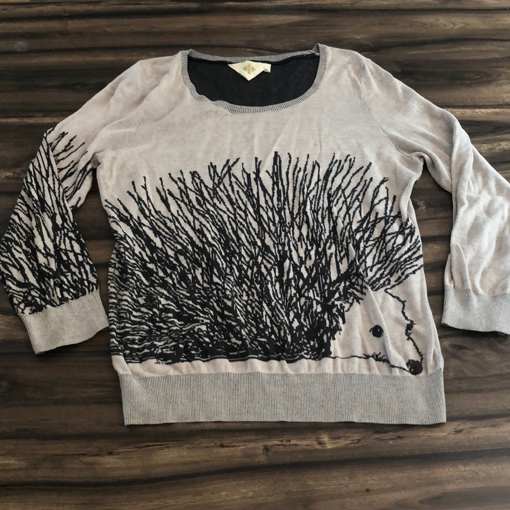 Anthropologie Pale Gray Crewneck Sweater with Black Hedgehog Motif